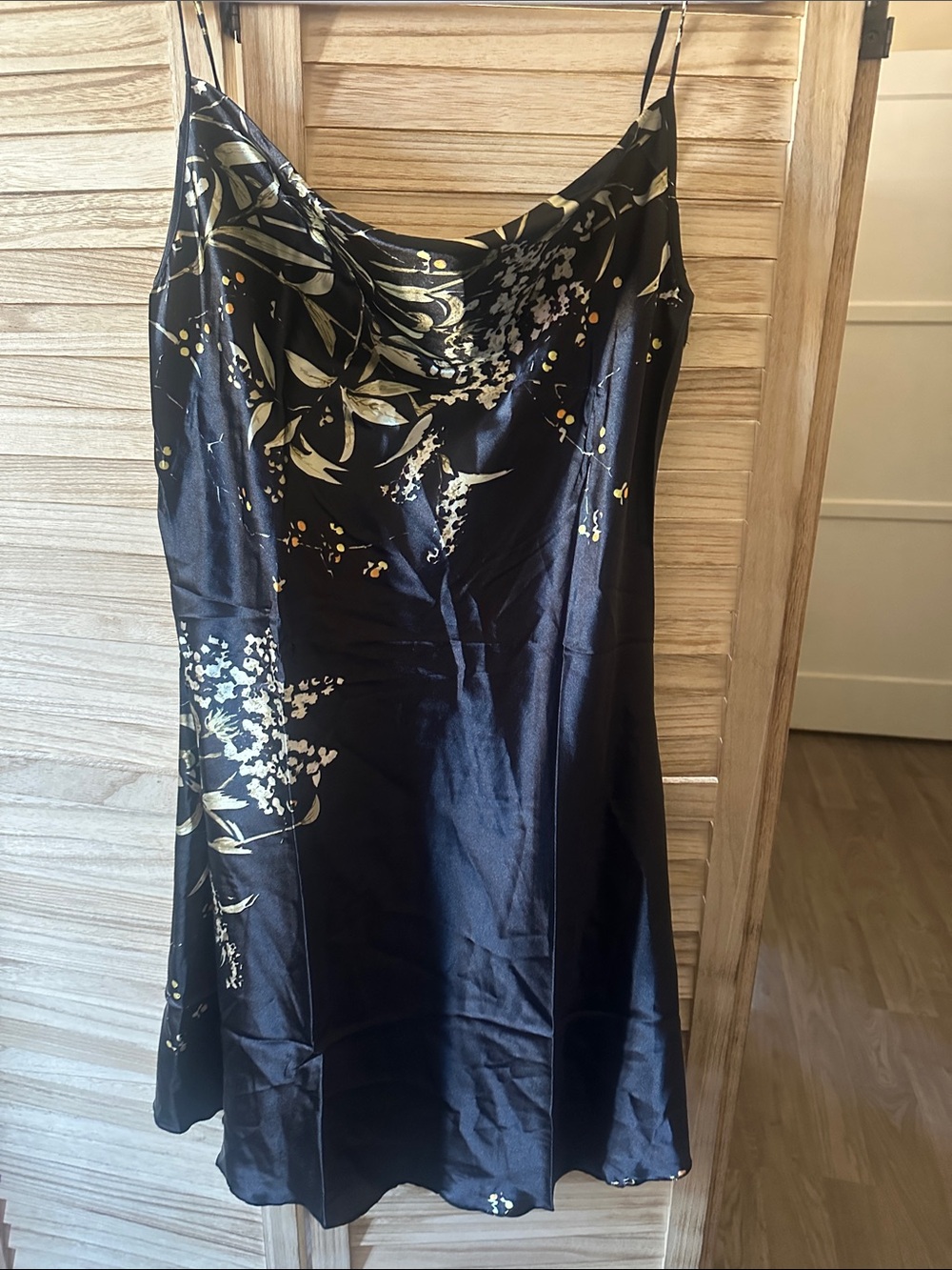 Black Floral Slip Mini Dress with Gold Leaf Accents